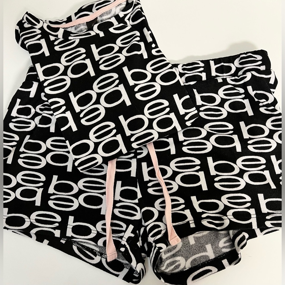 bebe logo black and white 2 piece PJ set shorts shirt soft lightweight Med EUC - Picture 5 of 6